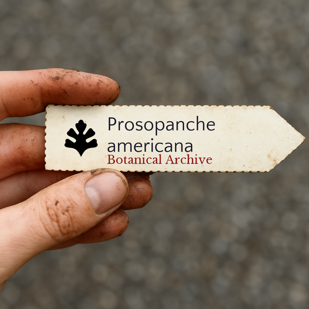 Etichetta stampata per pianta di Prosopanche americana con logo Botanical Archive tenuta da mano sporca