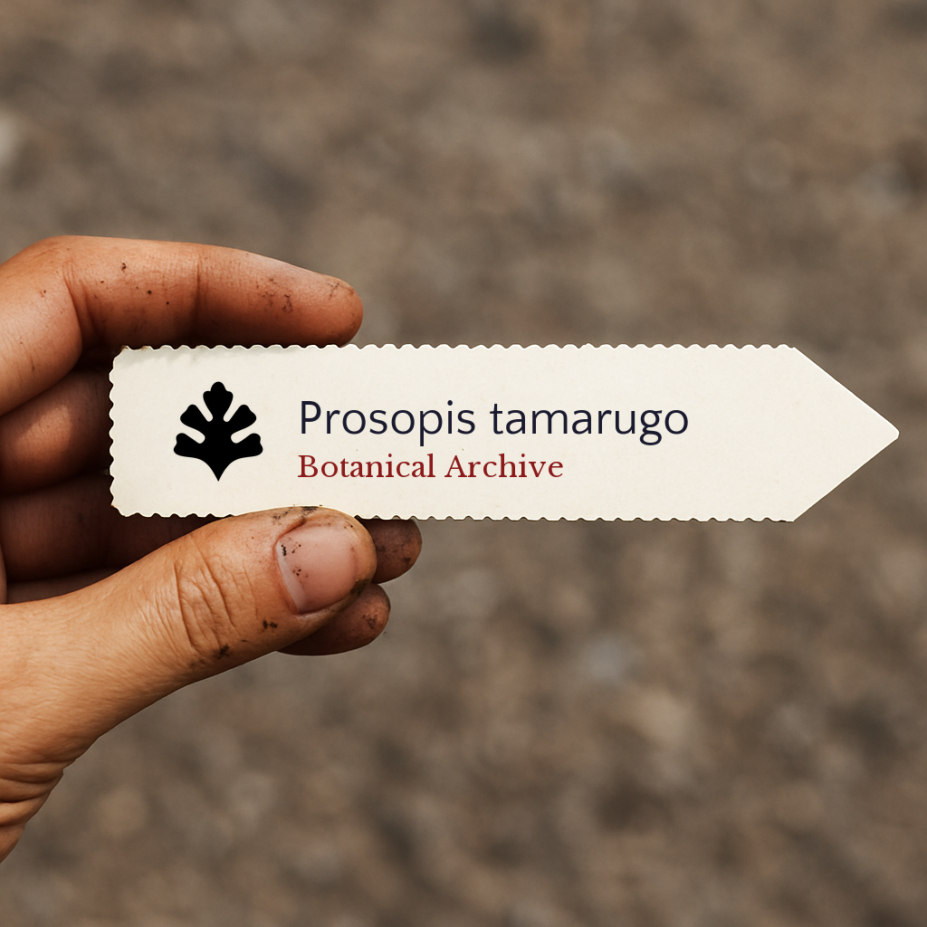 Etichetta per pianta stampata per Prosopis tamarugo tenuta a mano con sfondo di terreno