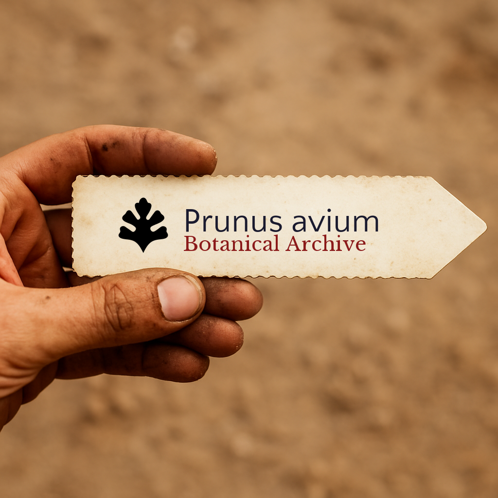 Printed plant label for Prunus avium held by dirty hand with blurred soil background
