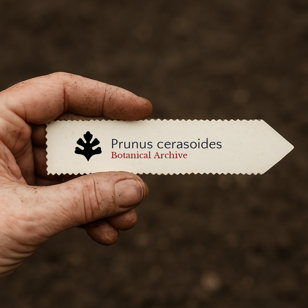 Printed plant label for Prunus cerasoides held by dirty hand against soil background