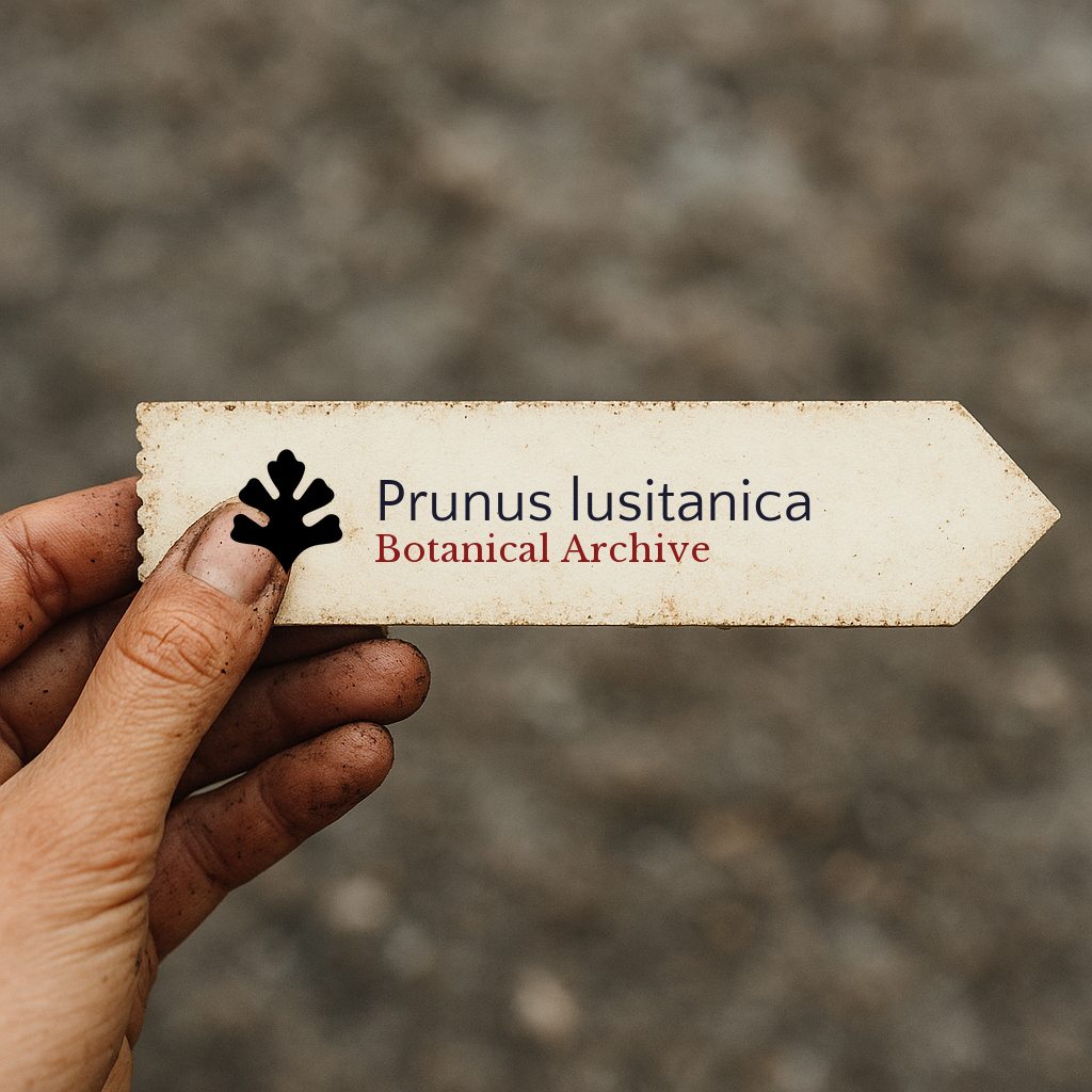 Printed plant label for Prunus lusitanica held by hand with soil on fingers