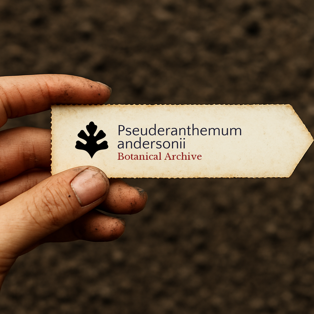 Printed plant label for Pseuderanthemum andersonii held over soil background