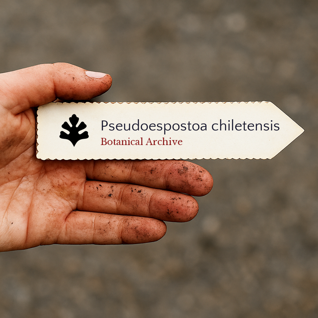 Etichetta per pianta stampata per Pseudoespostoa chiletensis tenuta in mano sporca all'aperto