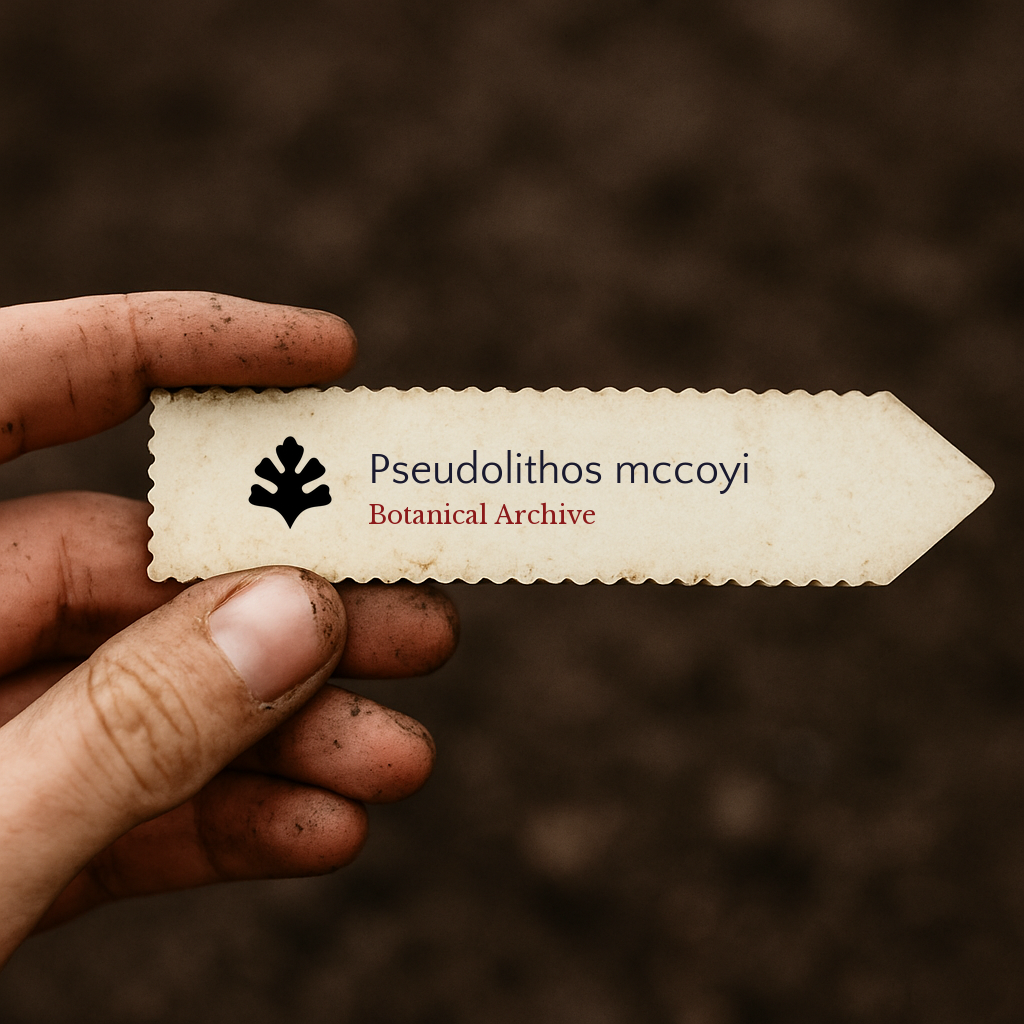 Printed plant label for Pseudolithos mccoyi held by dirty hand with soil background