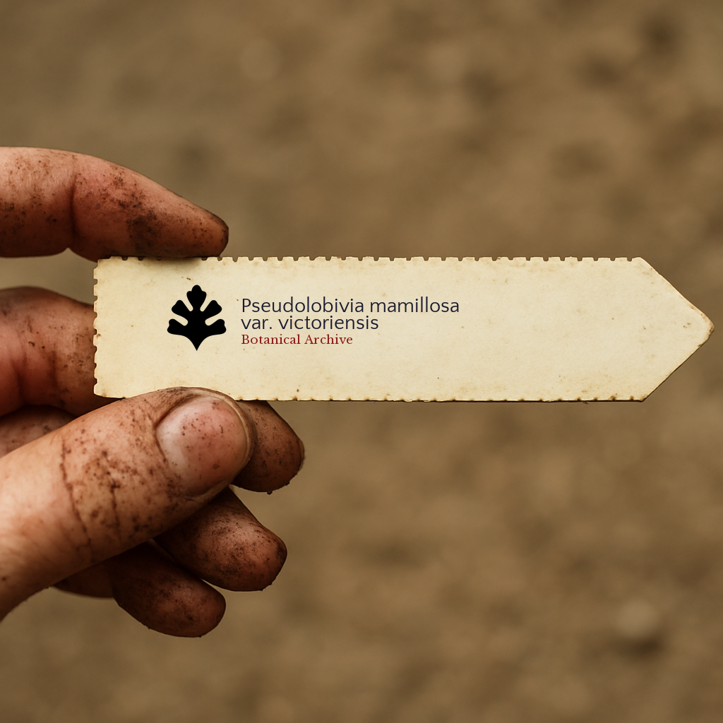 Printed plant label for Pseudolobivia mamillosa var. victoriensis held by dirty hand