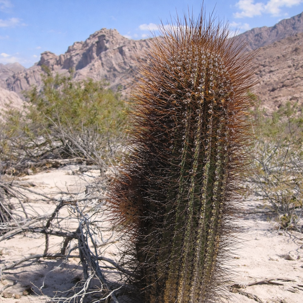 Pseudolobivia leucantha cactus alto e spinato con spine marroni dense in paesaggio desertico