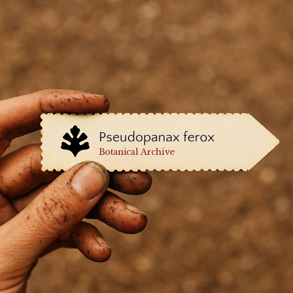 Printed plant label for Pseudopanax ferox held by dirty hand with soil background