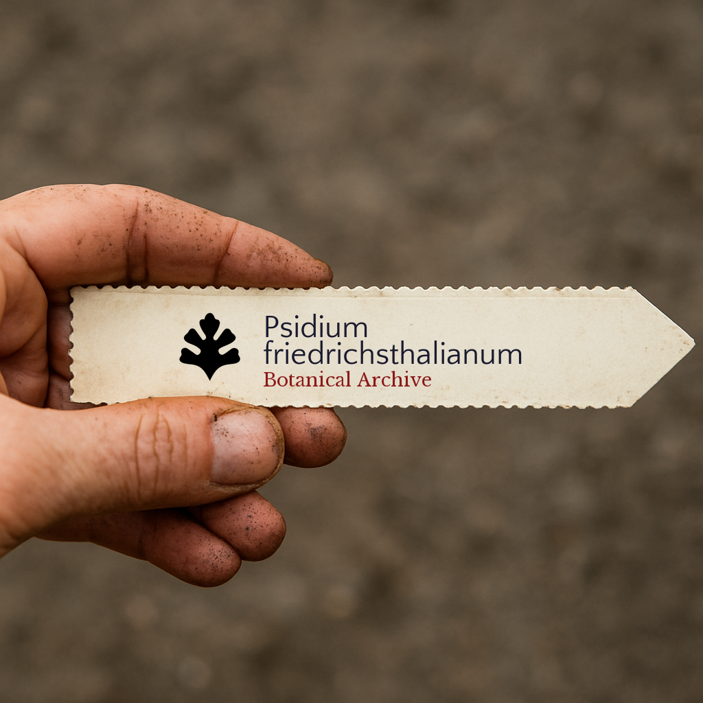 Printed plant label for Psidium friedrichsthalianum held by a dirty hand outdoors