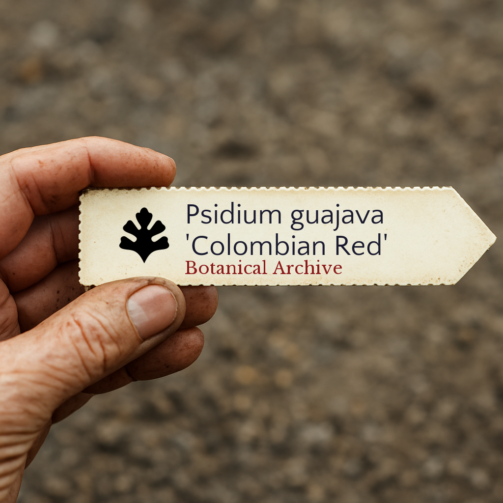 Printed plant label for Psidium guajava 'Colombian Red' held in hand over soil background