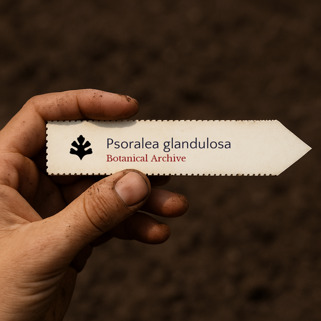 Printed plant label for Psoralea glandulosa held by dirty hand over soil background