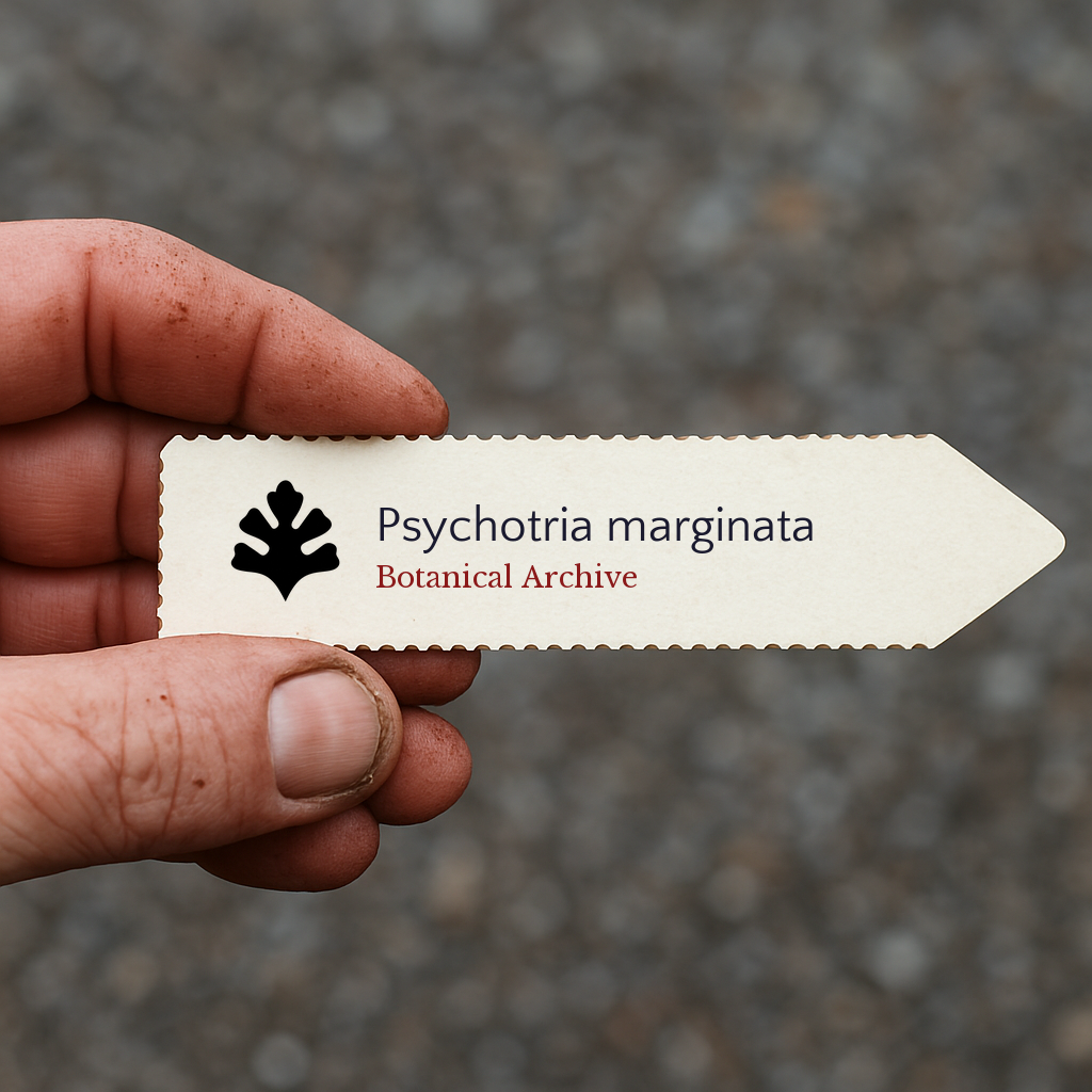 Etichetta per pianta stampata per Psychotria marginata con logo di Botanical Archive tenuta a mano
