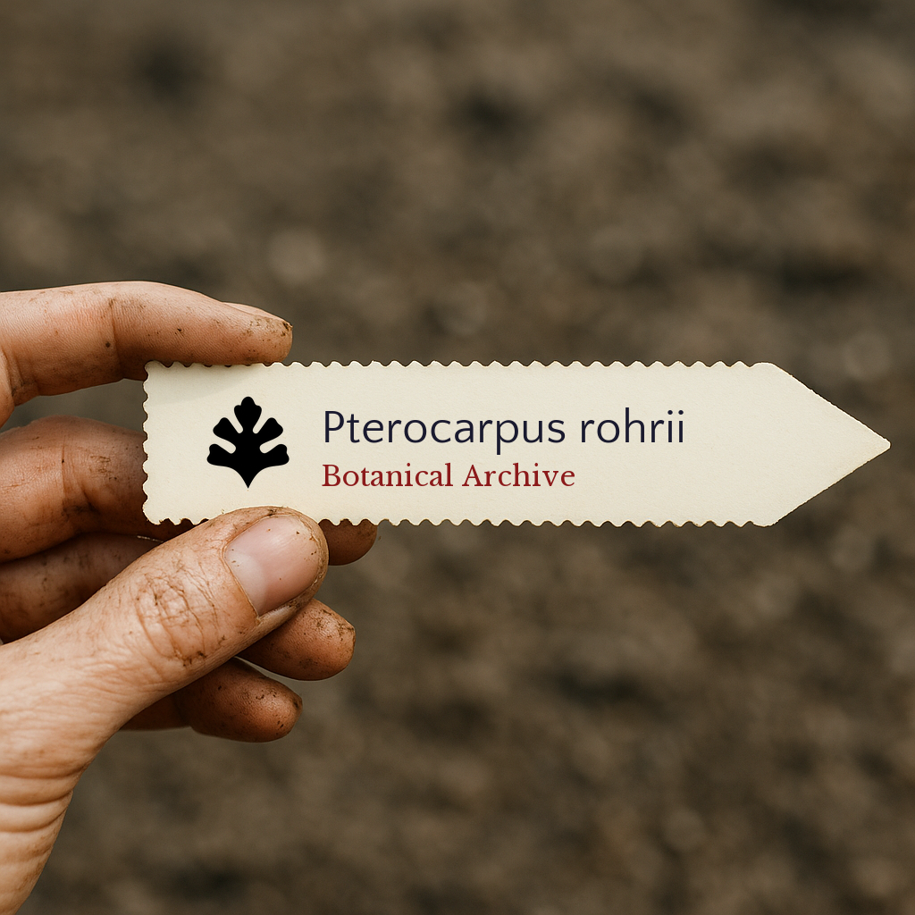 Etichetta per pianta stampata per Pterocarpus rohrii tenuta a mano con sfondo di terreno