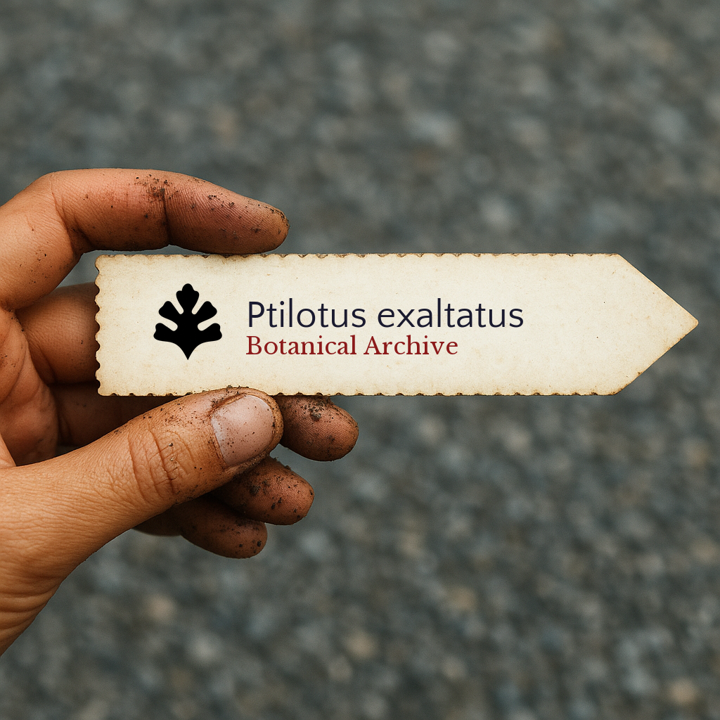 Printed plant label for Ptilotus exaltatus held by a dirt-covered hand outdoors