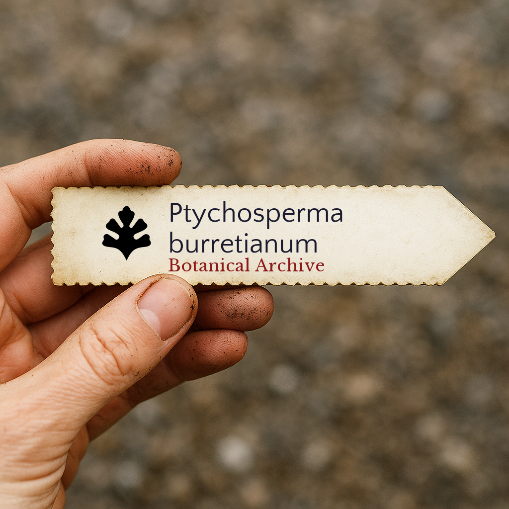 Printed plant label for Ptychosperma burretianum held by hand with soil background