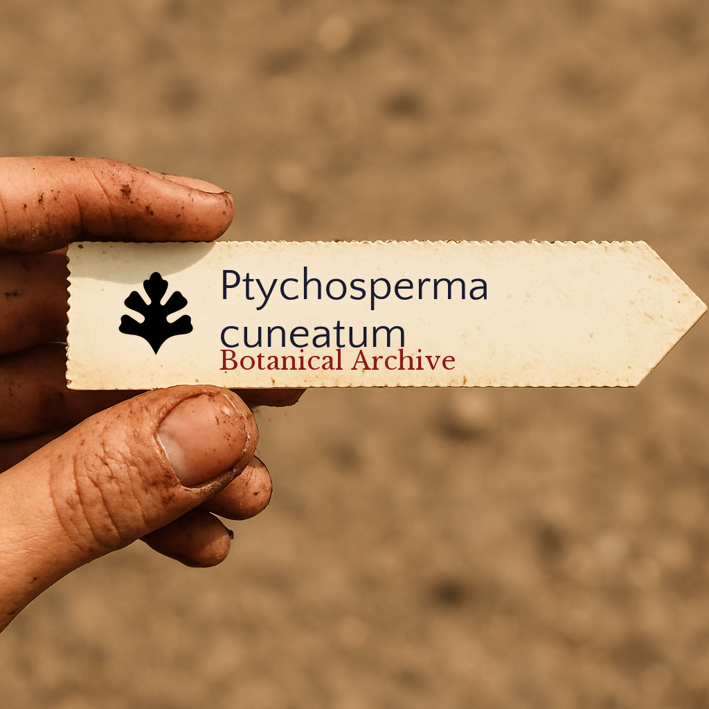 Printed plant tag for Ptychosperma cuneatum held by hand with dirt background