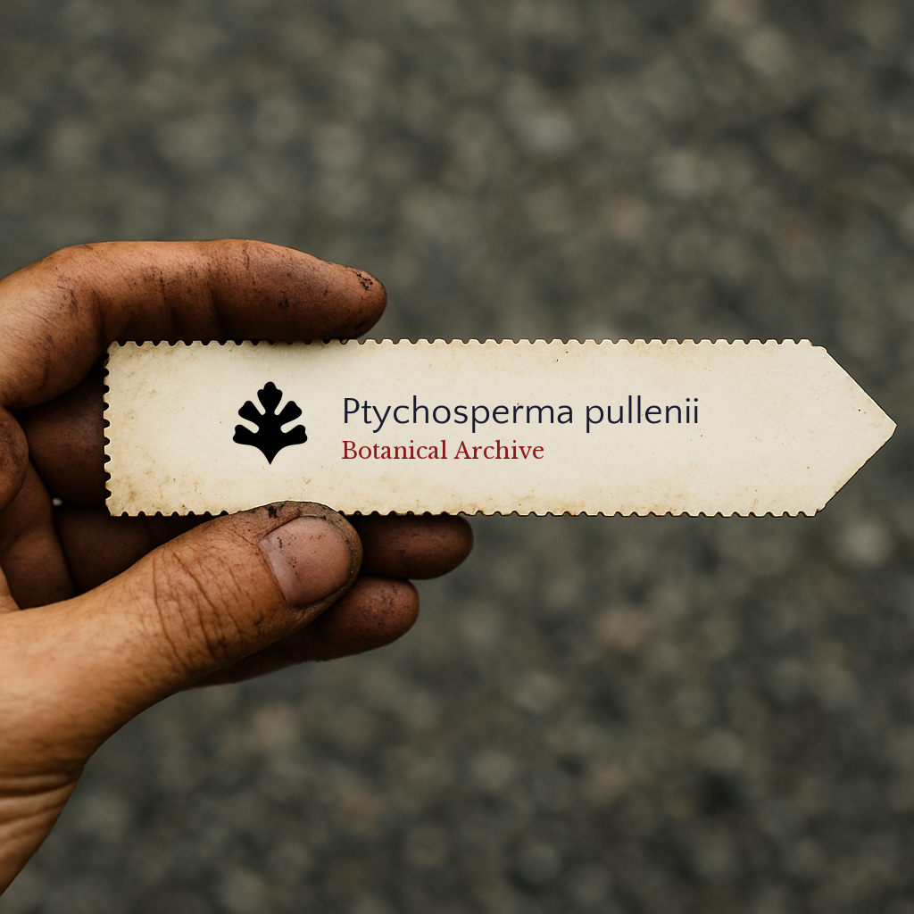 Printed plant label for Ptychosperma pullenii with botanical archive logo held by hand