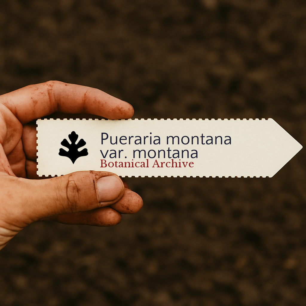 Printed plant label for Pueraria montana var. montana held by hand with soil background