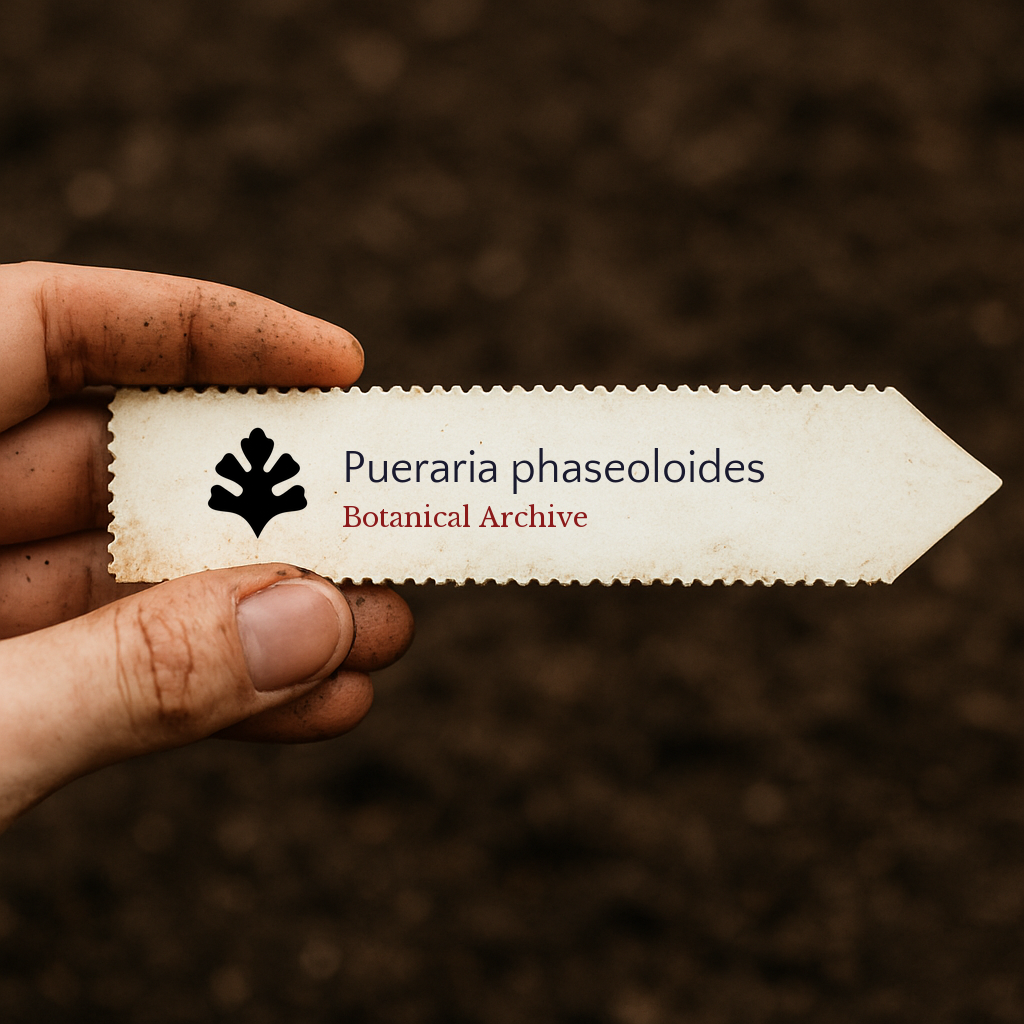 Etichetta stampata per la pianta Pueraria phaseoloides con il logo di Botanical Archive tenuta a mano