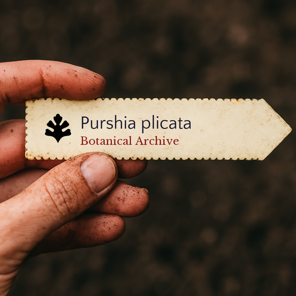 Etichetta per pianta stampata di Purshia plicata tenuta da una mano sporca su sfondo di terra