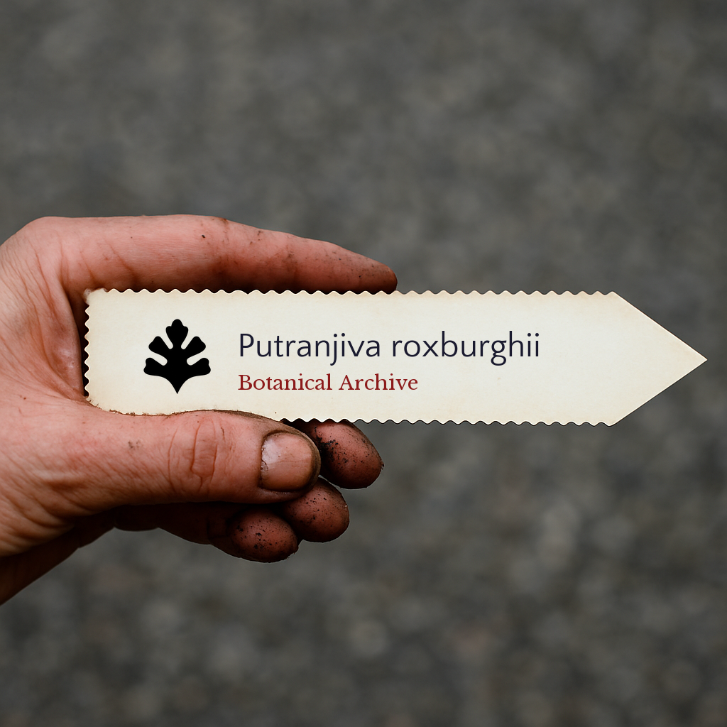 Printed plant label for Putranjiva roxburghii held by dirty hand outdoors