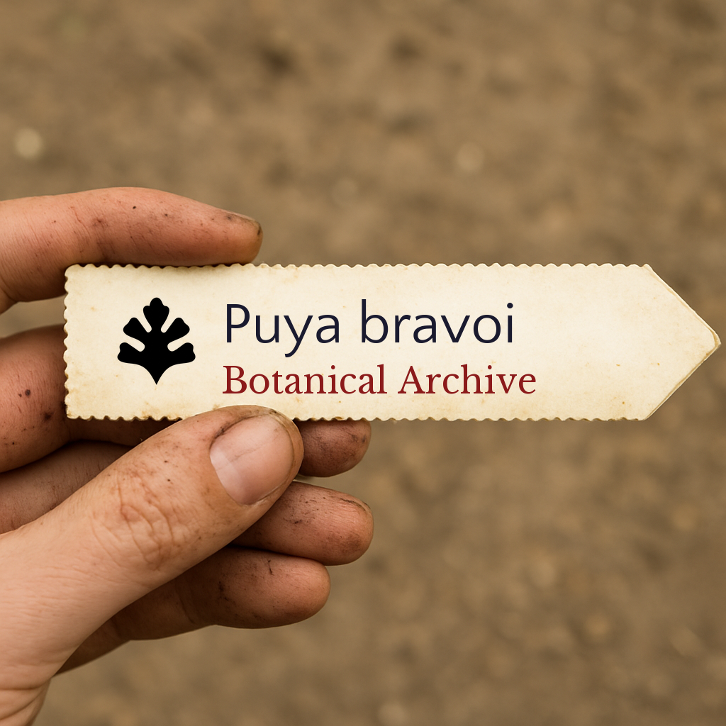 Printed plant label for Puya bravoi held by dirty hand with blurred soil background