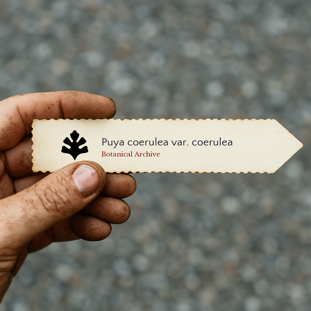 Printed plant label for Puya coerulea var. coerulea held by hand with dirt background