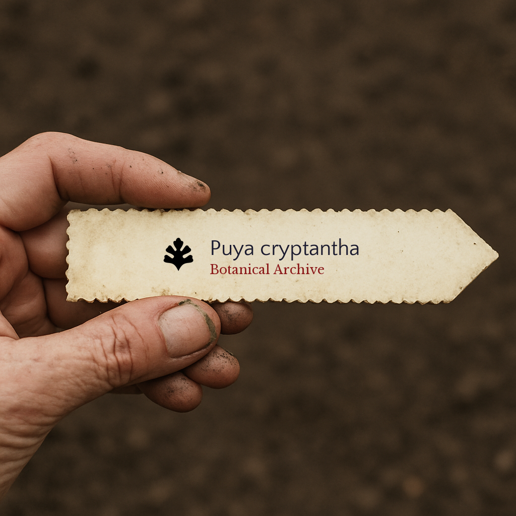 Etichetta per pianta stampata per Puya cryptantha tenuta a mano con sfondo di terra