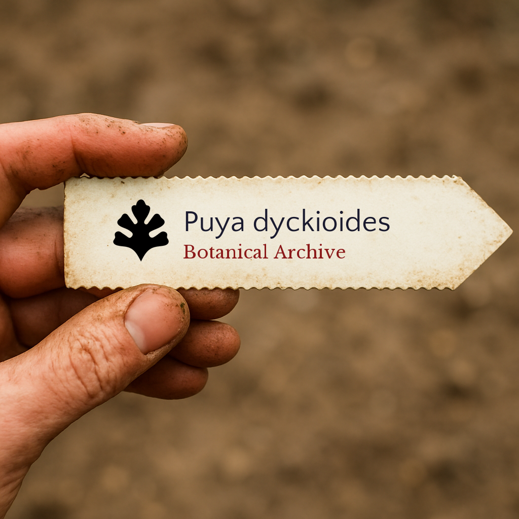Printed plant label for Puya dyckioides held by hand with blurred soil background
