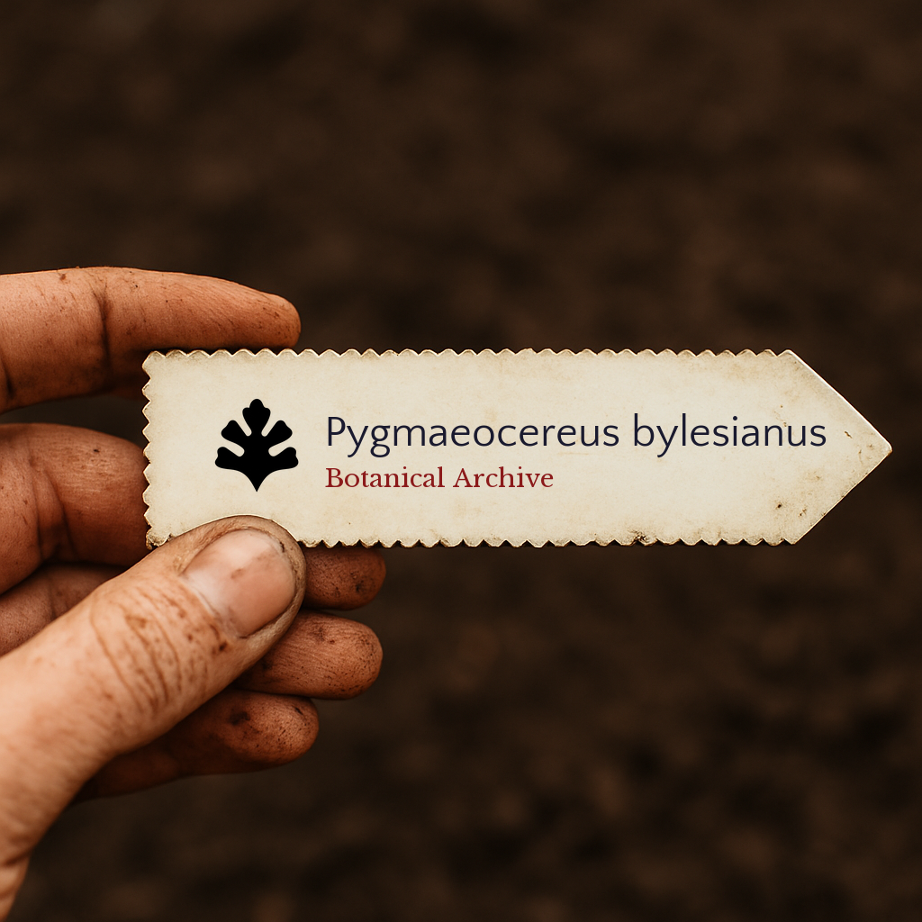 Printed plant label for Pygmaeocereus bylesianus held by hand with soil background