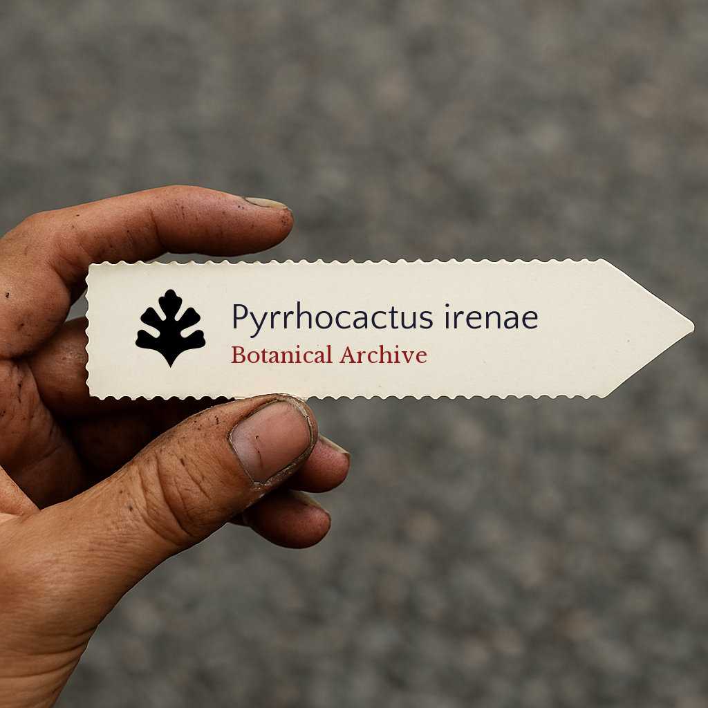 Printed plant label for Pyrrhocactus irenae held by hand with dirt on fingers