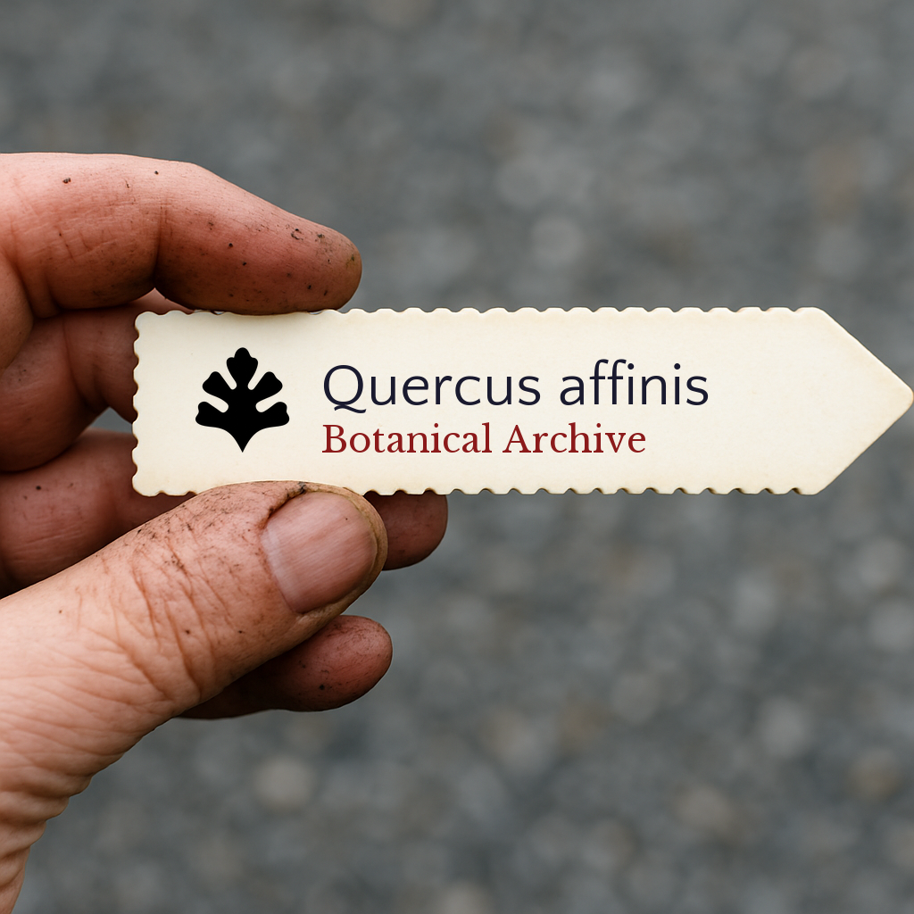 Etichetta per pianta stampata per Quercus affinis tenuta in mano con terra sulle dita