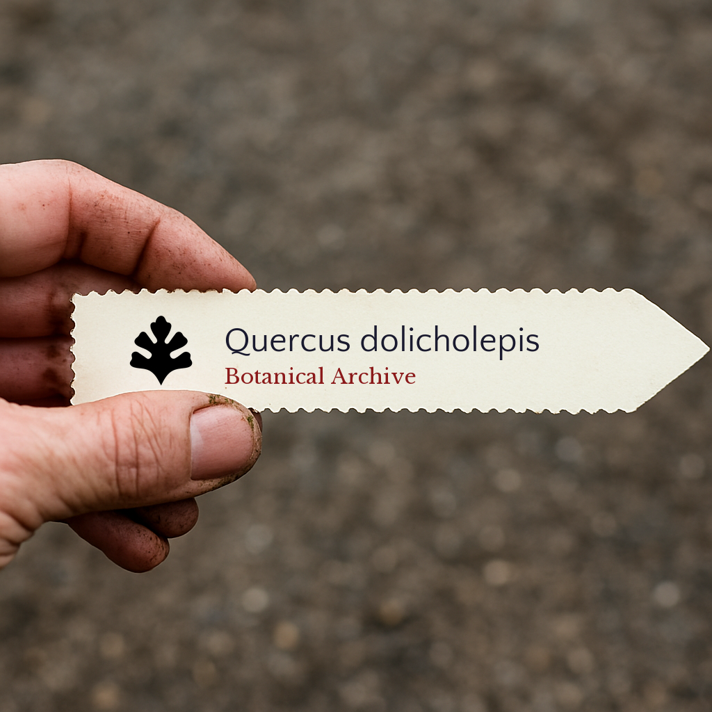 Etichetta stampata per pianta di Quercus dolicholepis tenuta in mano con sfondo di terreno