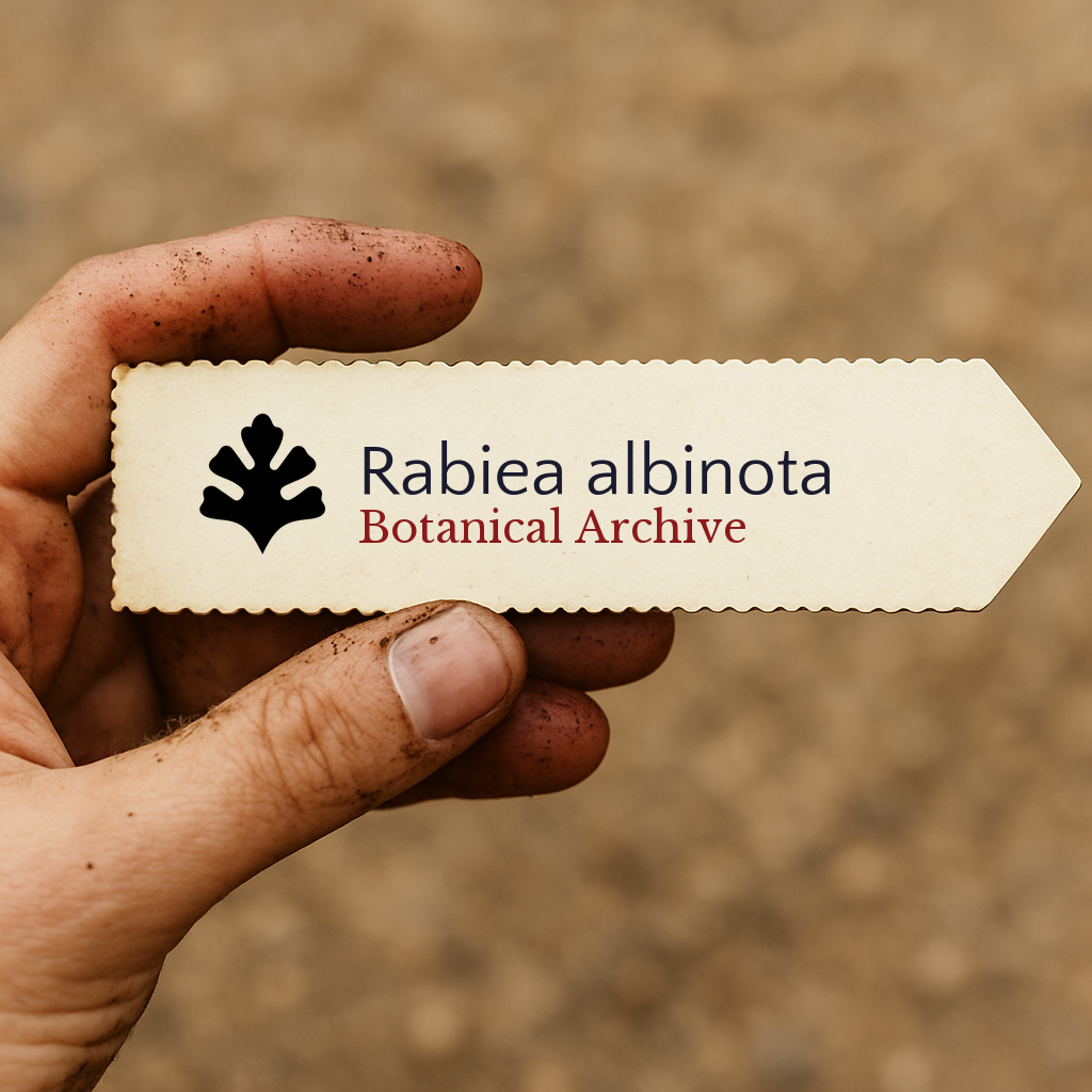 Printed plant label for Rabiea albinota held by a dirty hand on blurred background