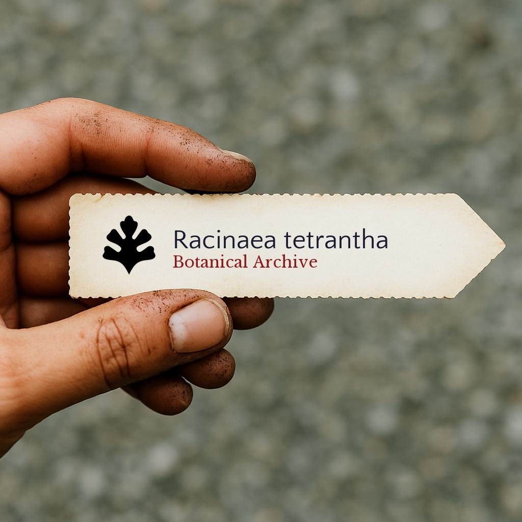Etichetta stampata per pianta Racinaea tetrantha tenuta da una mano sporca all'aperto