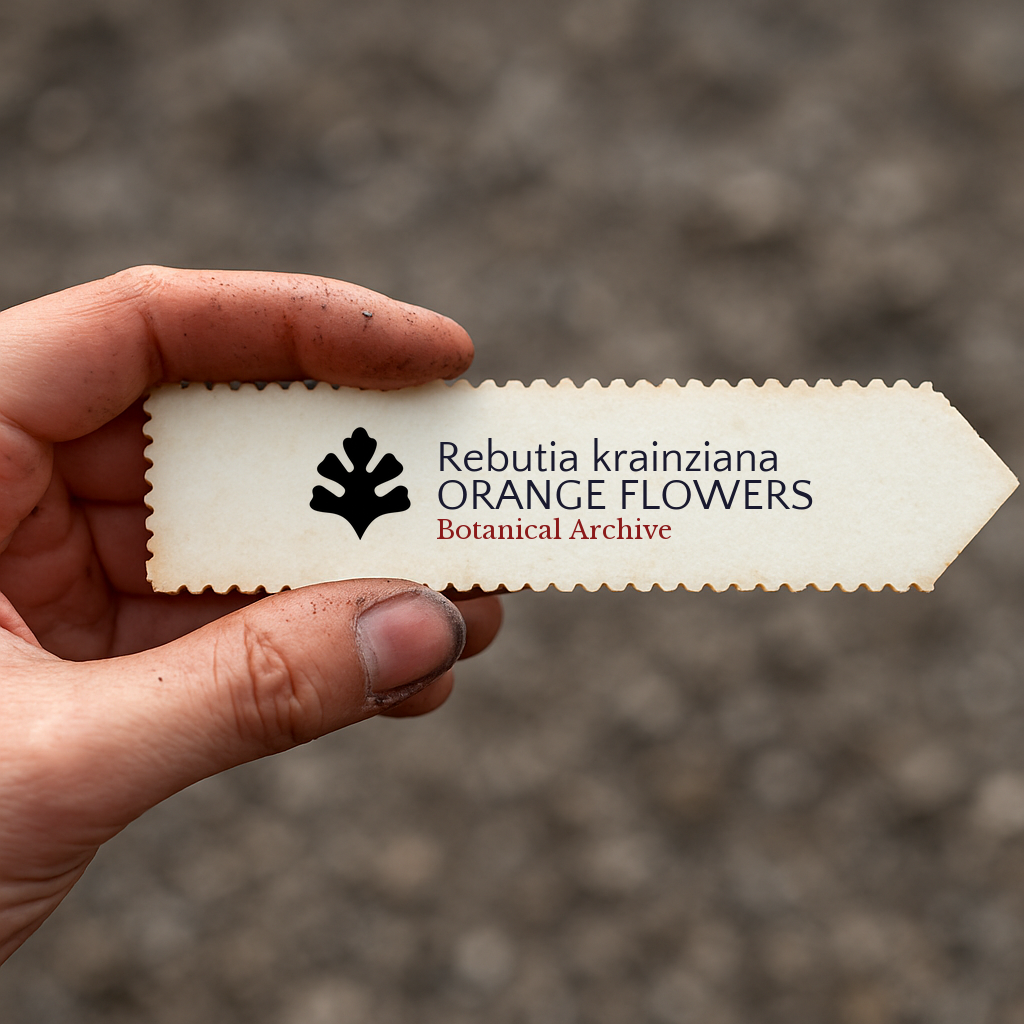 Printed plant label for Rebutia krainziana held by hand with blurred soil background