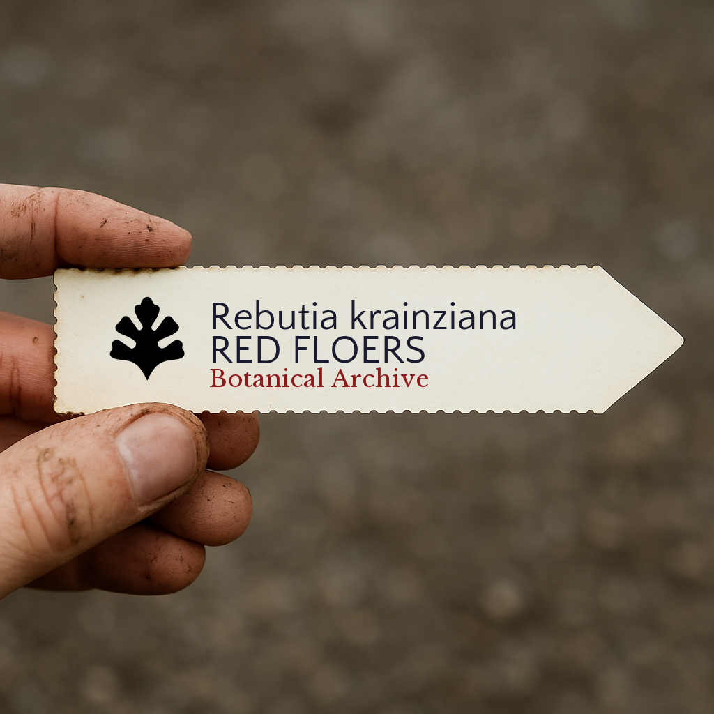 Printed plant label for Rebutia krainziana with red flowers held by dirty hand
