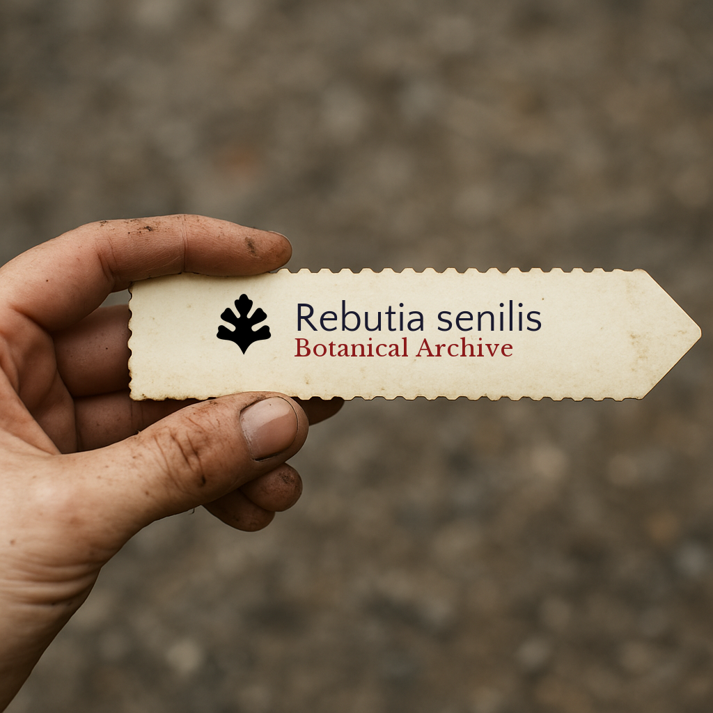 Printed plant label for Rebutia senilis held by hand with soil background