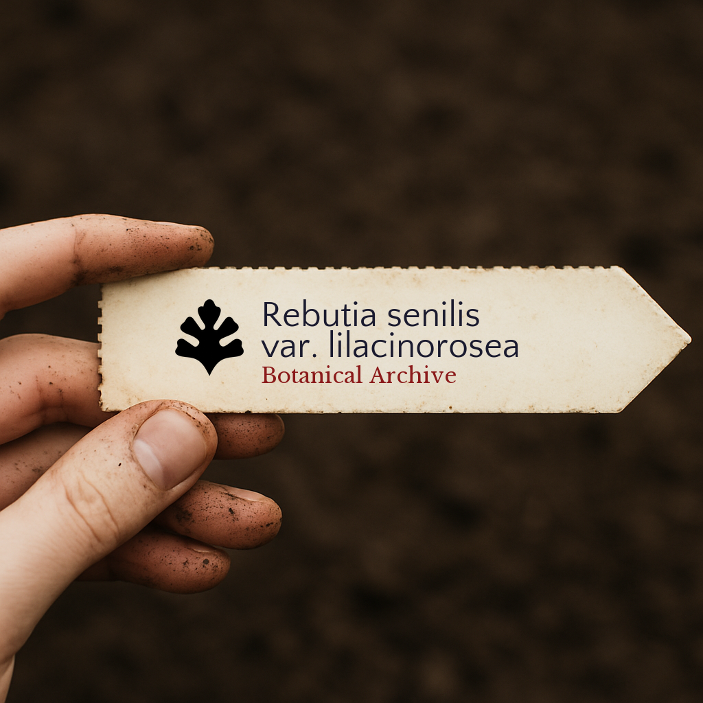 Printed plant label for Rebutia senilis var. lilacinorosea held by dirty hand over soil background