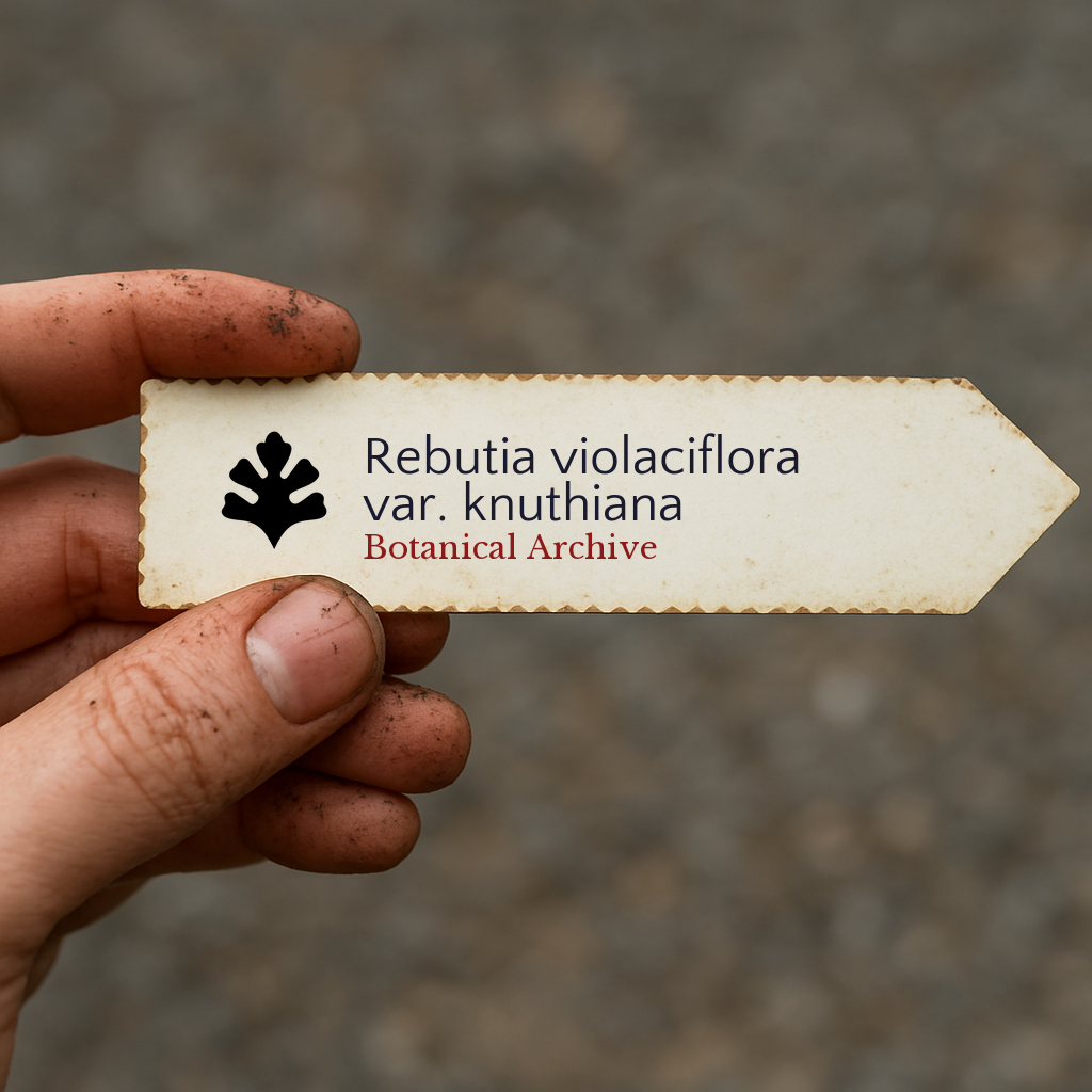 Printed plant label for Rebutia violaciflora var. knuthiana held by hand outdoors