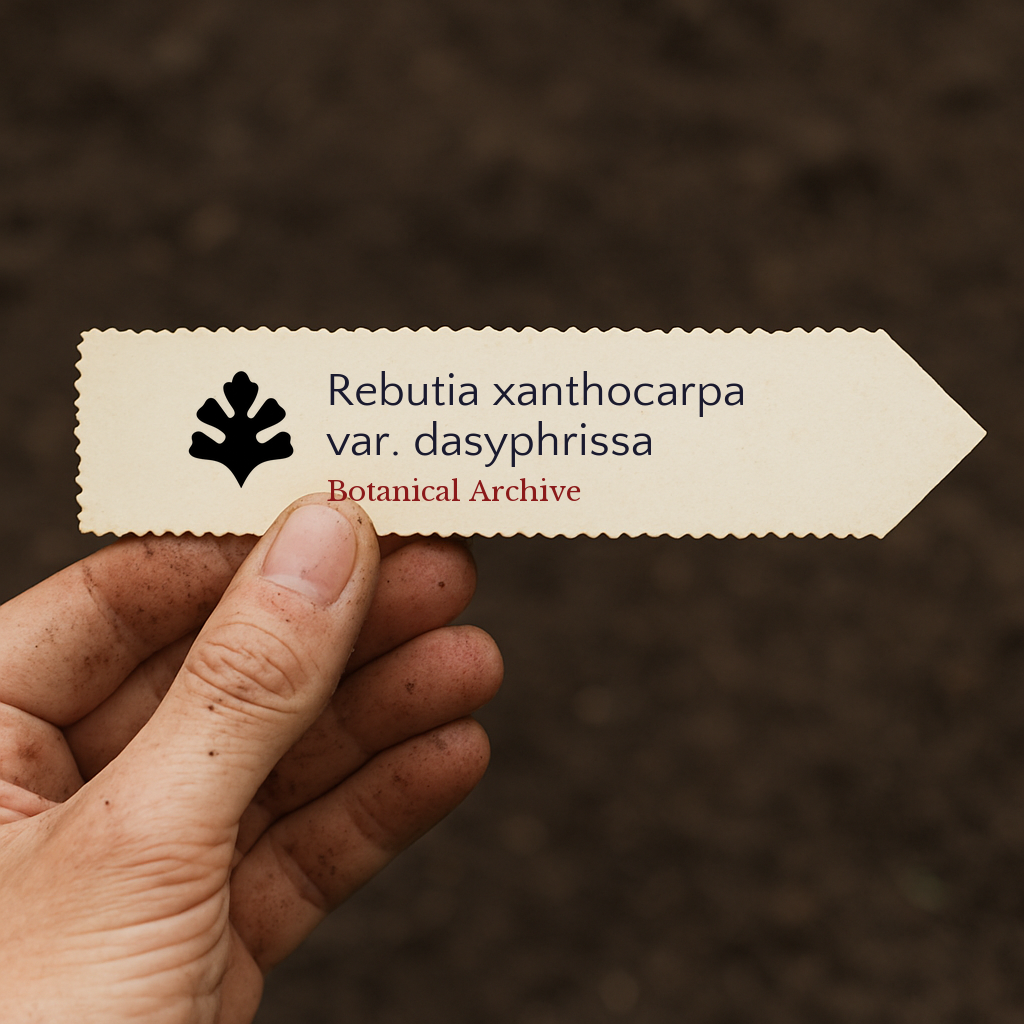 Etichetta per pianta stampata per Rebutia xanthocarpa var. dasyphrissa tenuta in mano su sfondo di terreno