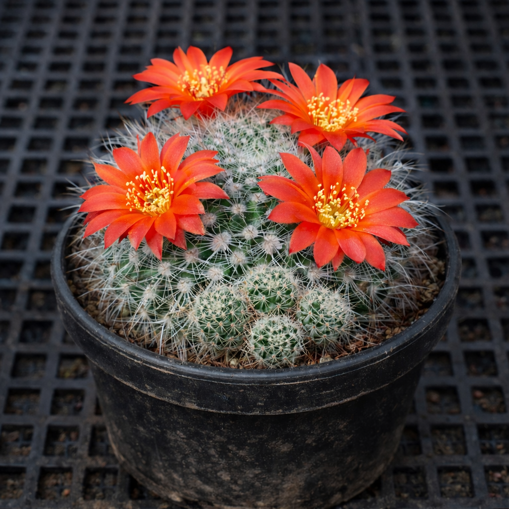 Rebutia stuemeri cactus con vivaci fiori arancioni in vaso nero da vivaio