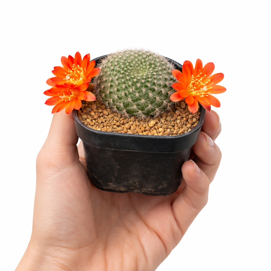 Rebutia turbinata small round cactus with bright orange flowers in black pot held by hand