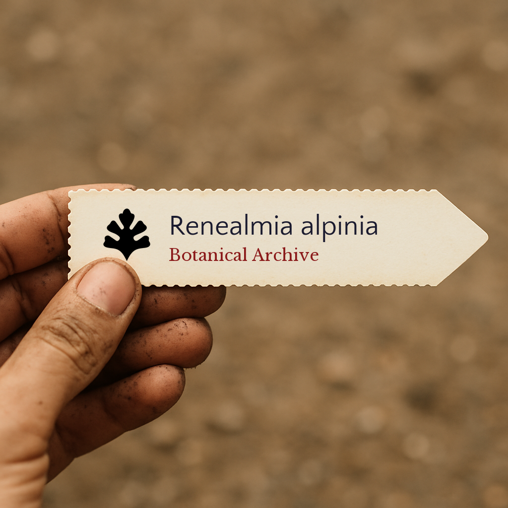 Printed plant label for Renealmia alpinia held by hand with soil background