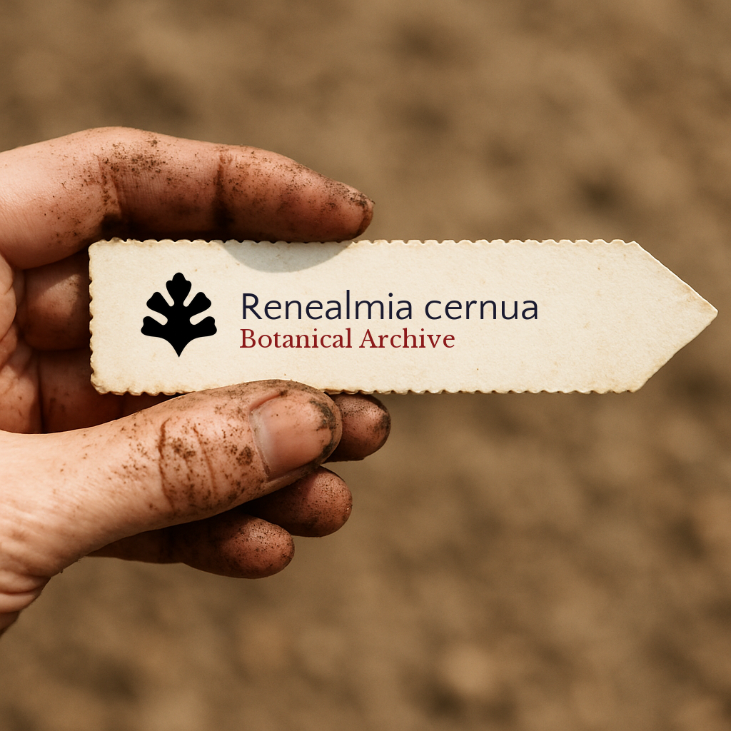 Printed plant label for Renealmia cernua held by dirty hand over soil background