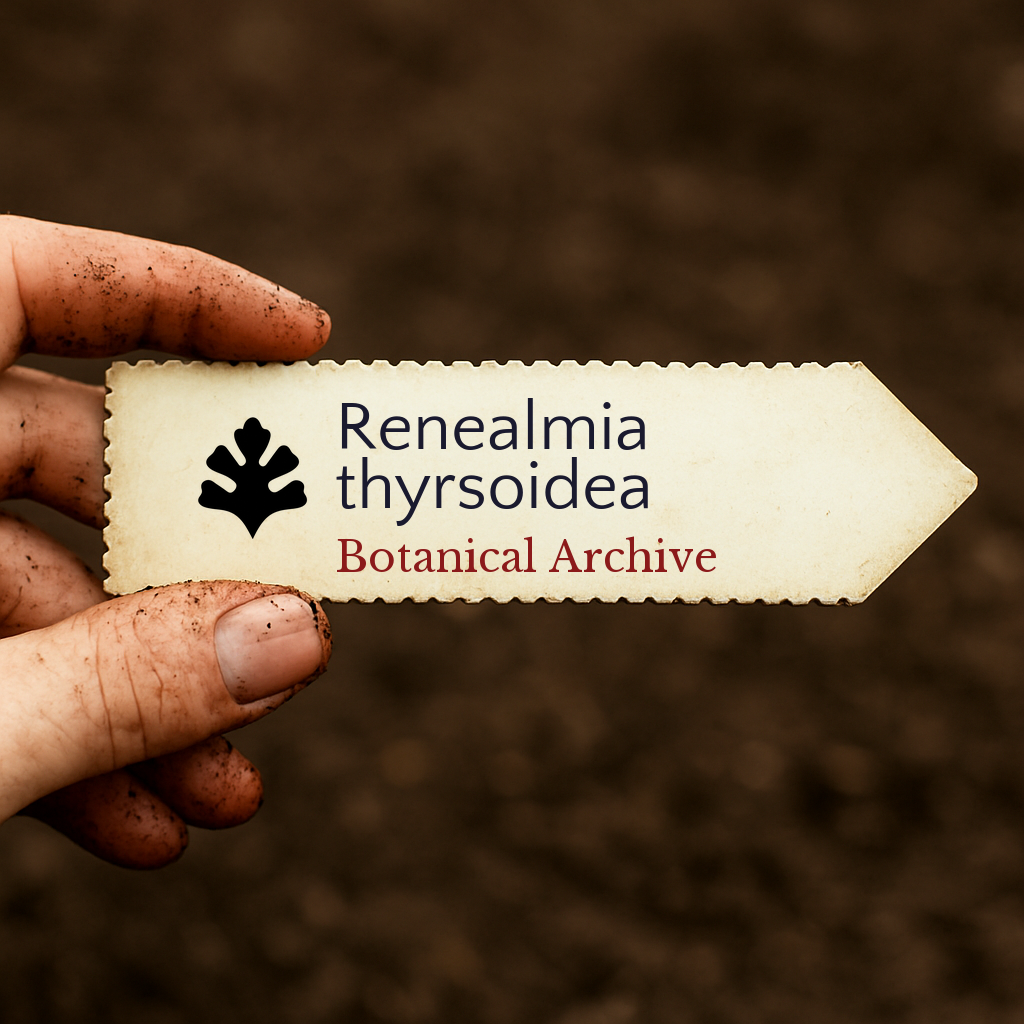 Etichetta plantare stampata per Renealmia thyrsoidea tenuta sopra uno sfondo di terreno