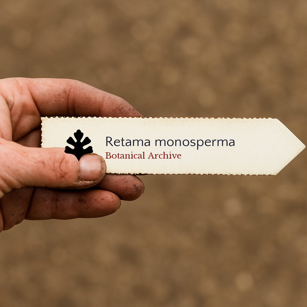 Printed plant label for Retama monosperma held by hand with soil background