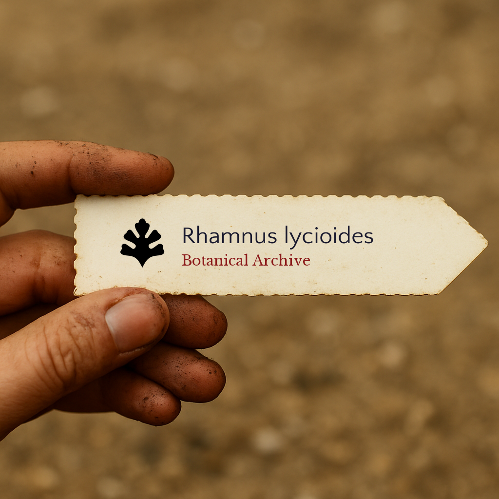 Etichetta per piante stampata per Rhamnus lycioides tenuta da mano sporca all'aperto