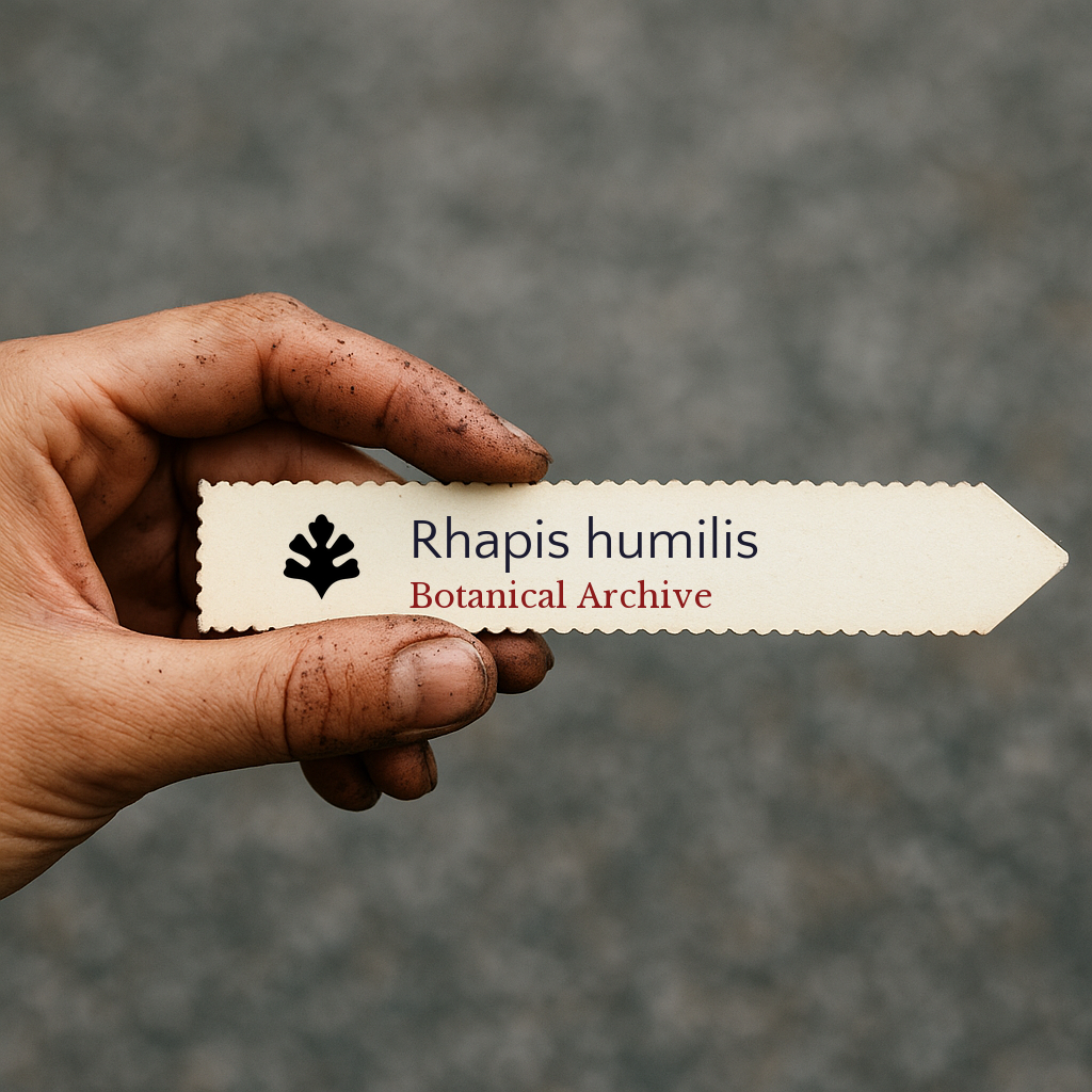 Printed plant label for Rhapis humilis held by dirty hand against blurred background