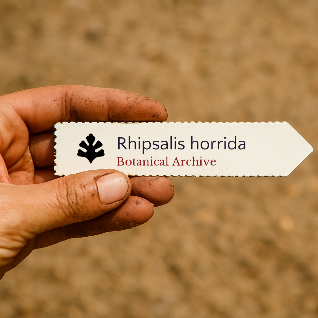 Etichetta stampata per pianta di Rhipsalis horrida tenuta a mano con sfondo di terra