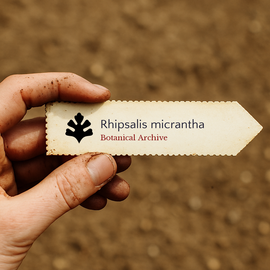 Printed plant label for Rhipsalis micrantha held by hand over soil background